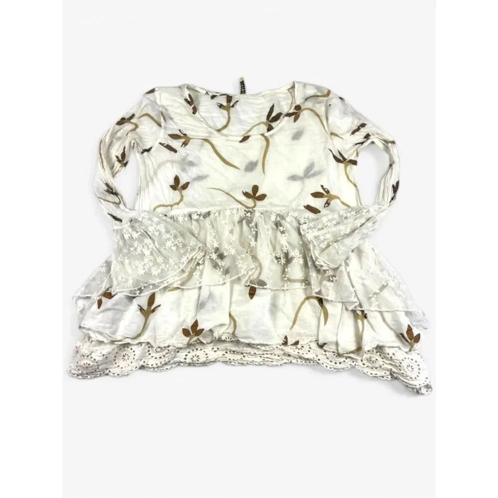 Marilu Boho Peasant Blouse Embroidered Lace Trim Floral Top S/M Shabby Chic FLAW